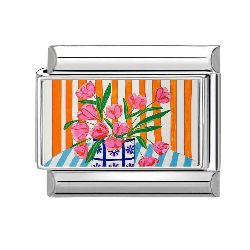 Colorful Art Printing Daisy Sunflower Tulip Rose Flowers Italian Charm Links Fit 9MM Stainless Steel Bracelet DIY Making Gifts