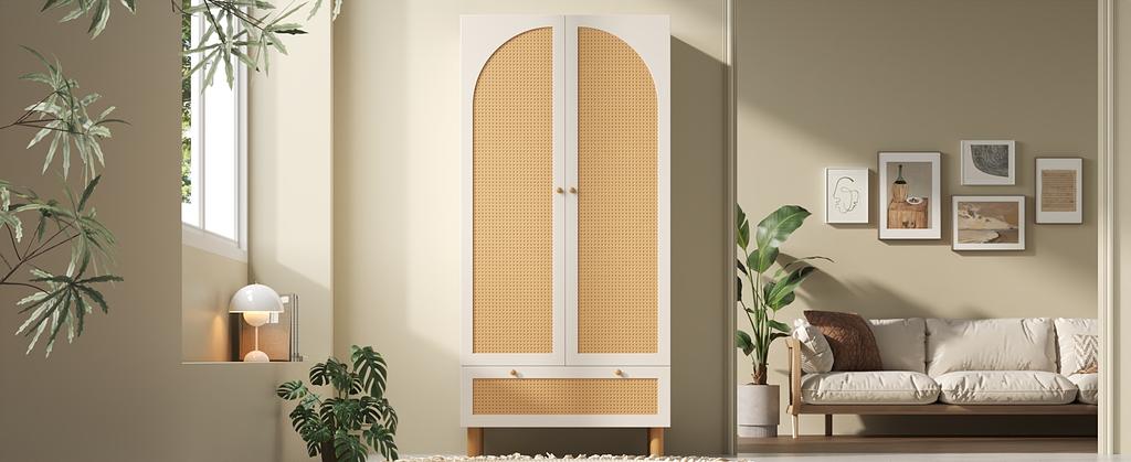 Kleiderschrank mit 2 Türen & Rattan, Landhausstil Weiß, Schublade, Höhenverstellbare Einlegeböden & Kleiderstange, Kippsicherung, 180x85x52 cm (H/B/T)