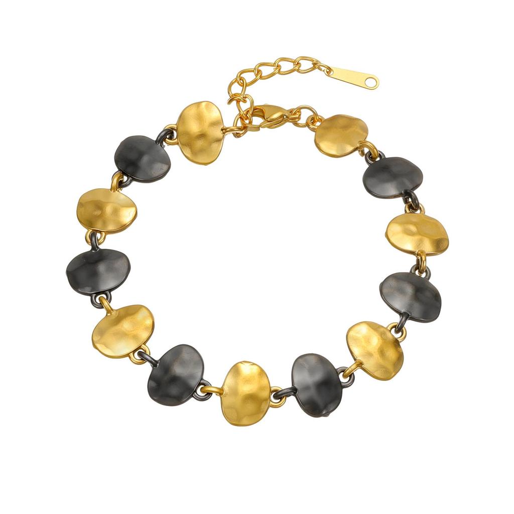 European-Style Hammered Stainless Steel Oval Bracelet - Simple Color Block Design for Autumn/Winter Women's Accessories, High-End Feel