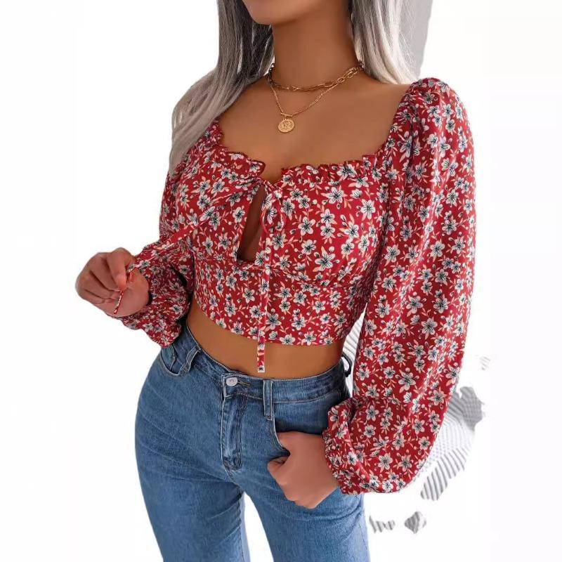 Sexy Fungus Lace Up Floral Chiffon Crop Top for Women