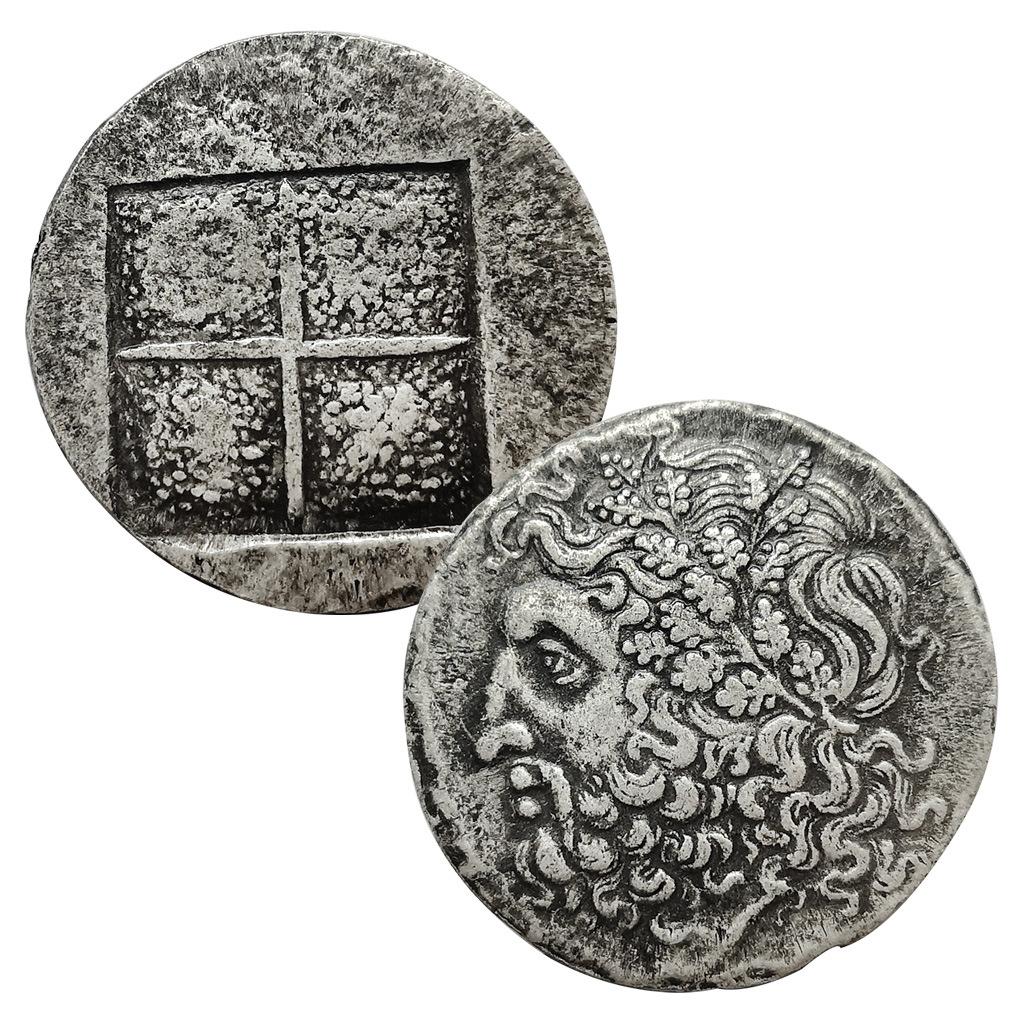Monete greche antiche in argento, monete olandesi, luna, Zeus, costellazioni, stile retrò greco antico, arte scultorea