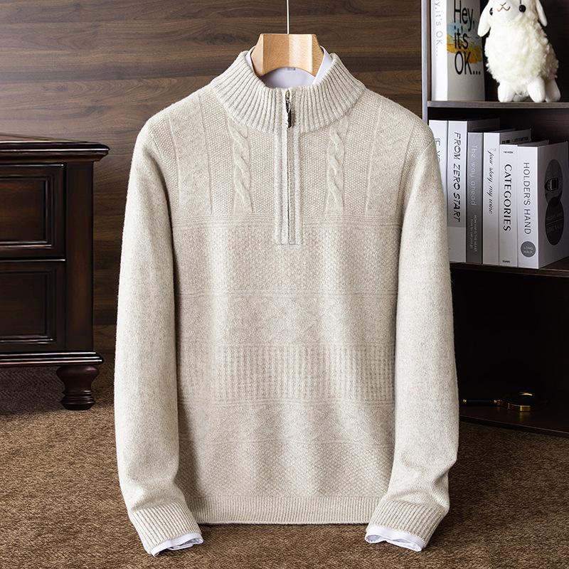 Herren-Strickpullover aus reiner Wolle, dick, für Herbst & Winter, mit halbem Reißverschluss