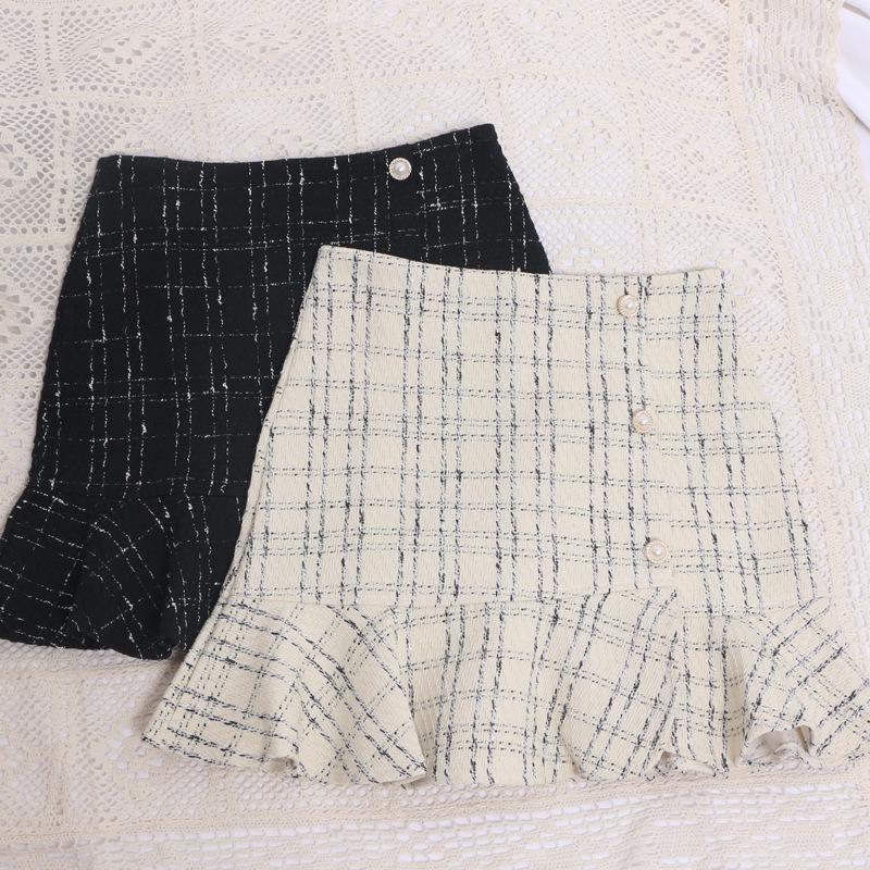 2023 Plaid Tweed High-Waisted Fishtail Mini Skirt