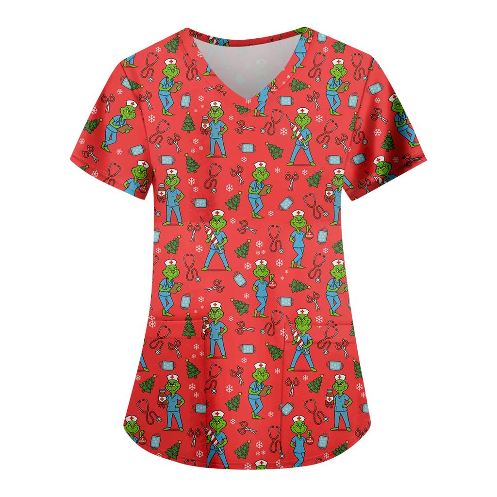 Women's Fashion Casual Christmas Print Pocket T-shirt Top