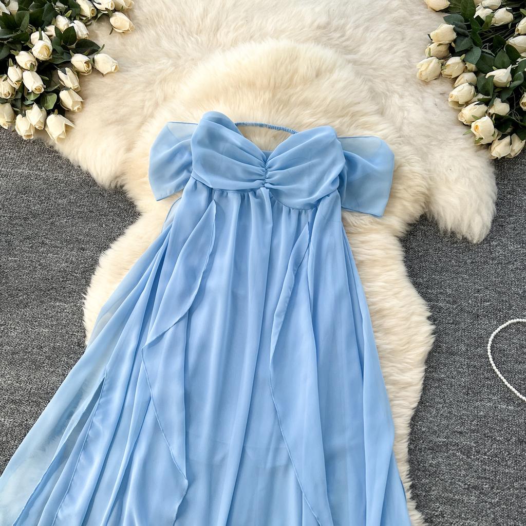 Summer Women Sexy Strapless Open Back Long Maxi Ruffles Chiffon Irregularly Seaside Beach Dresses