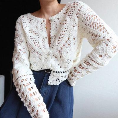 Frauen Handgemachte Aushöhlen Slim Fit Strickjacke 2024 Frühling Sommer Bohemain Tops C-004