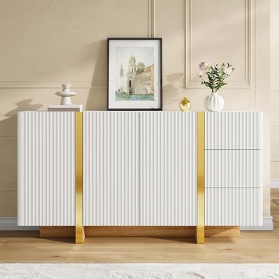 Sideboard, Vertically Fluted Front, 3 Swing Doors, 3 Drawers, Golden Decorative Strips, Wood-Look Base, Soft-Close Hinges, Storage Cabinet