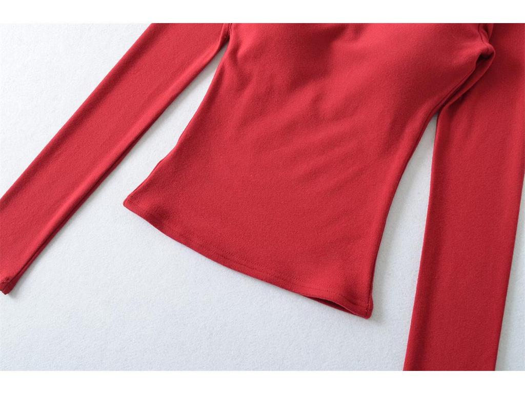 Korean Square Neck Slimming Long Sleeve T-Shirt with Chest Pads and Waist-Cinching Design for Women - Spring/Autumn