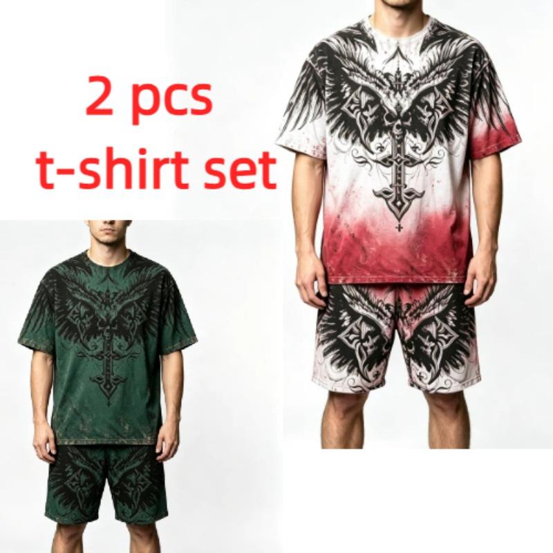 Summer Gothic Style Vintage Skull Cross Printed Round Neck Short Sleeved T-Shirt And Shorts Set Men's and Women's T-shirt Shorts Set