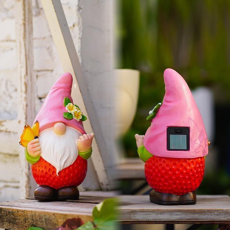 Watermelon Faceless Dwarf Sculpture Resin Solar Lamp Ornaments Outdoor Cute Fruit Spirit Statue Butterfly Flower Garden Crafts