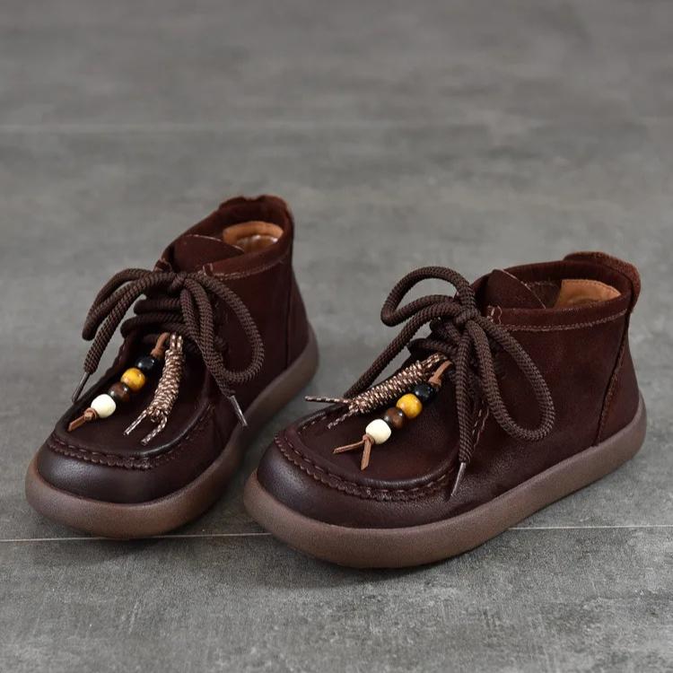 Johnature Genuine Leather Round Toe Lace-up Flat Ankle Boots Casual Versatile Women's Shoes