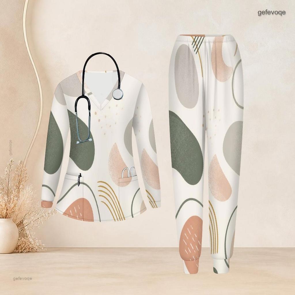 Women Plus Size Printed Nurse Scrub Set V Neck Long Sleeve Pocket Top And Long Pants