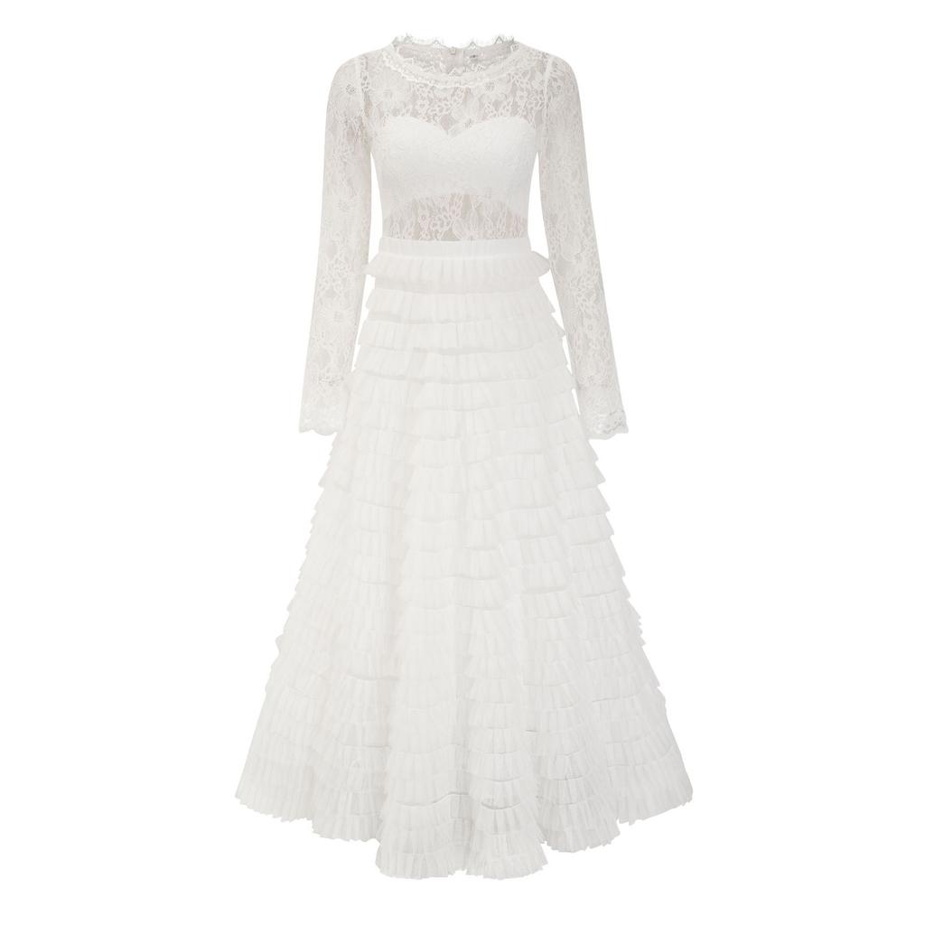 Hollow Lace Dress Outfit Dress, Solid Color Temperament Elegant Banquet Dress, Long-sleeved A-shaped Gown