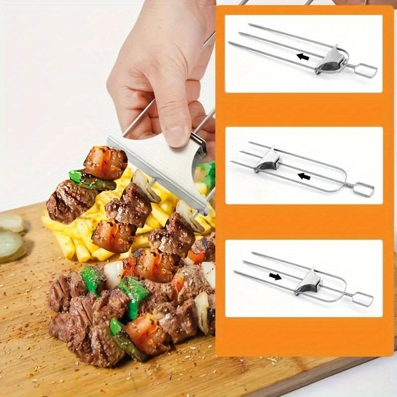 Stainless Steel BBQ Kebab Skewer with Slider Reusable Barbecue Skewers Easy Release Meat for Outdoor Grilling Camping Picnic