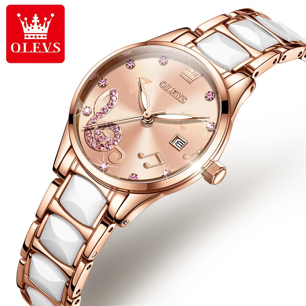 OLEVS Brands Fashion Rhinestone Quartz Watch for Women Luxury Ceramic Strap Waterproof Calendar Ladies Wirstwatch Reloj Mujer