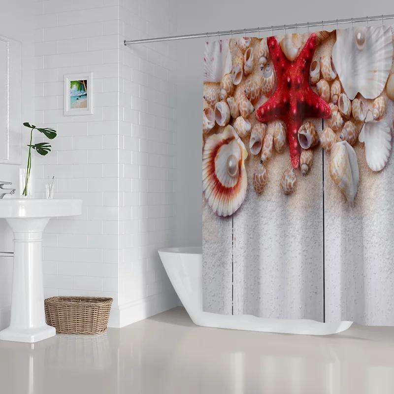 2022 New Shower Curtain Starfish Beach Pattern Bathroom Partition Waterproof  Coconut Sea View Polyester
