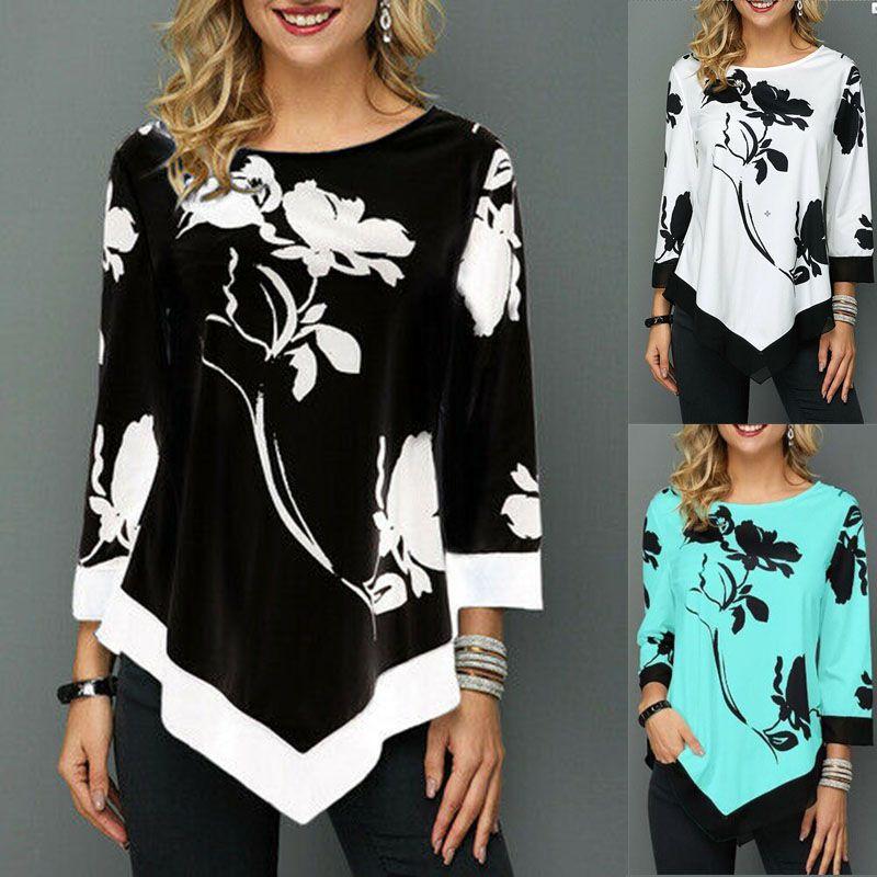 Irregular Women Floral Blouse Tee Ladies Long Sleeve Casual Loose Tshirt S5xl