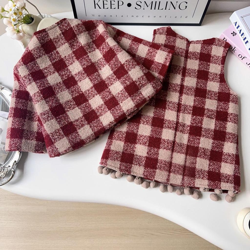 Girls' Mori Style Plaid Wool Coat & Vest Dress Winter Set