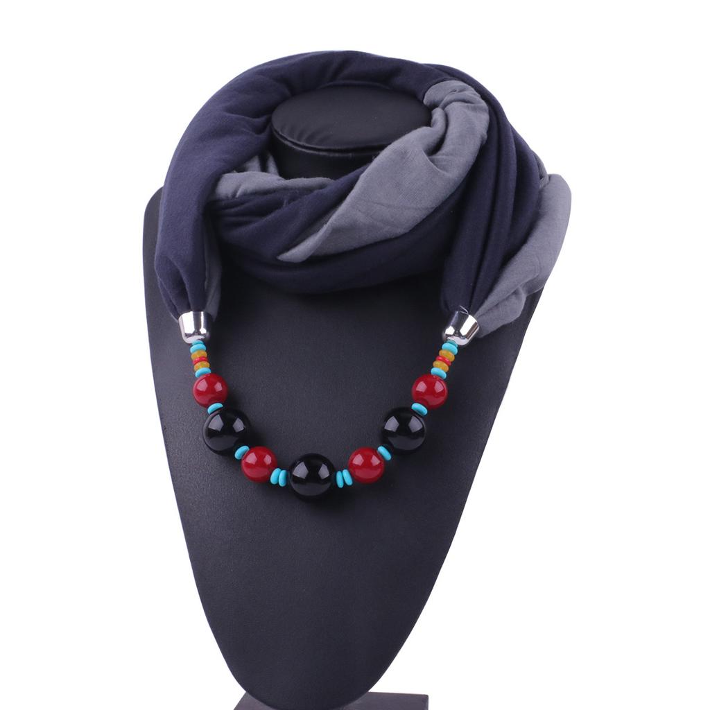 Elegant Polyester Infinity Scarf with Beaded Necklace – Women’s Fashionable Solid Color Neck Wrap