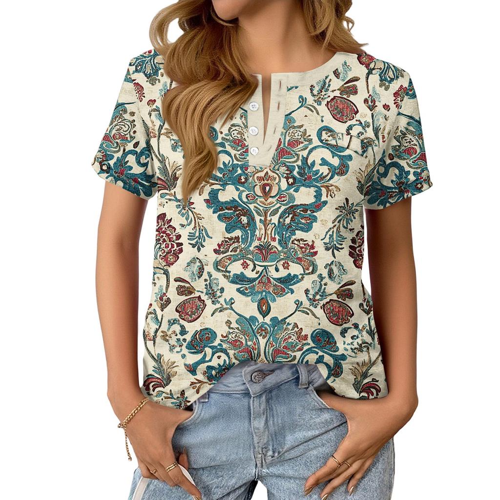 Modieuze Casual Dames Zomer Top met Retro Print, V-hals, Knopen en Korte Mouwen