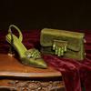 Set: Cross-Border Pointed-Toe Shoes & Bag with Diamond Buckle, Imitation Silk Fabric, Thin Heel - In Stock