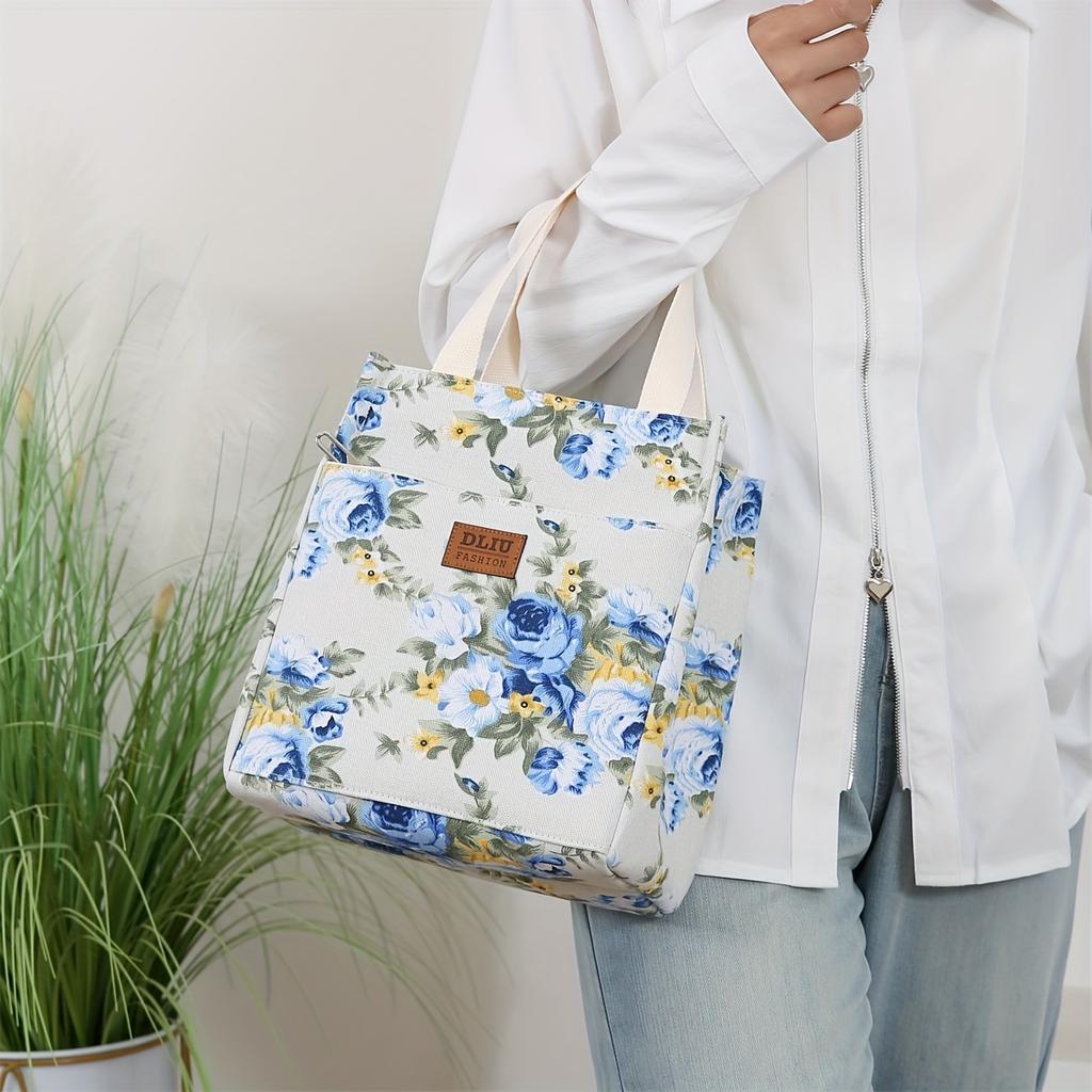 Vintage Floral Fabric Handbag - Thickened Work Tote with Front Zipper Pocket, Portable Cup Box Storage Bag, Semi-Sealed with Zipper Closure