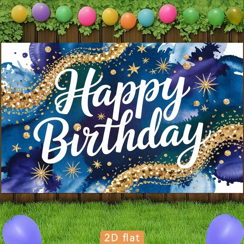 2D Birthday Photography Backdrop Blue Gold Watercolor with Star and Confetti Background