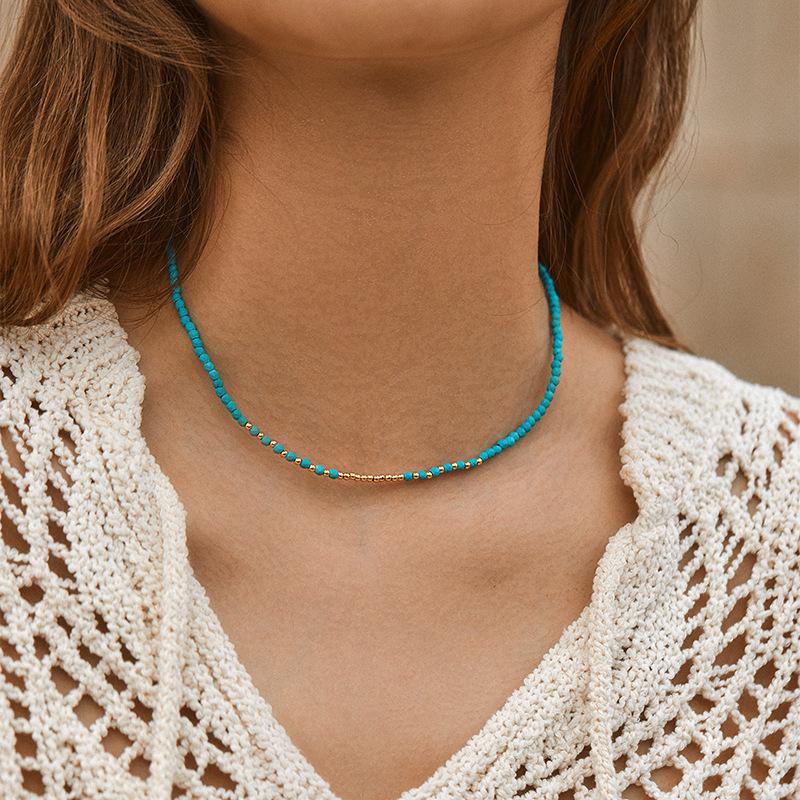 Handmade Turquoise Beaded Clavicle Necklace 18k Gold Plated Niche Jewelry For Women
