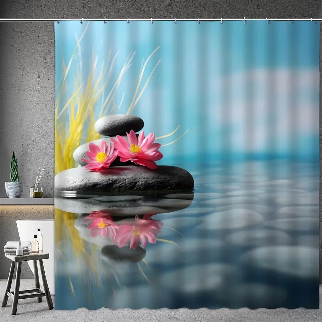 Black Stone Tower Zen Shower Curtain, Spa Decor Lotus Purple Orchid Flower and Bamboo, Cloth Fabric Bathroom Decor Accessory Set