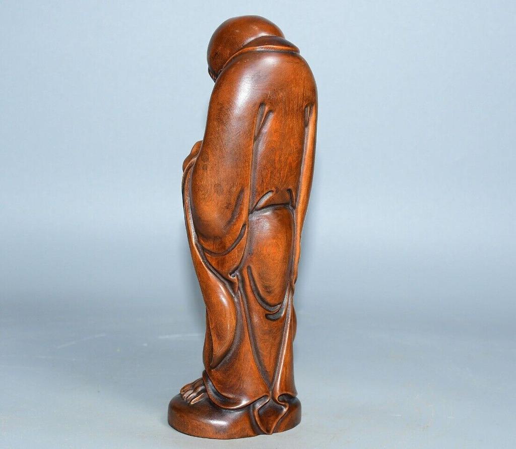Kinesisk Antikk Buksved Utskåret Fin Arhat Buddha Statue Hjemmedekor Skulptur Kunst