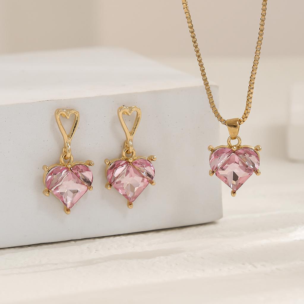 Elegant Box Chain Choker Pink Heart-shaped Pendant Necklace Earring Women's Daily Dating Zircon Ideal Valentine's Day Gift