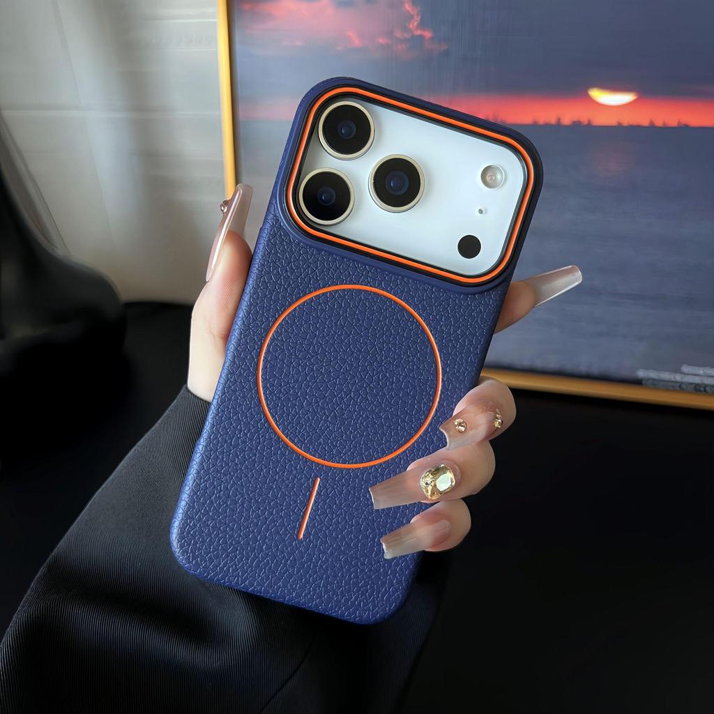 Lychee Pattern iPhone 17 PM Case: Shockproof Magnetic Protection for 16 Pro Max & 15 PM with Contrasting Colors