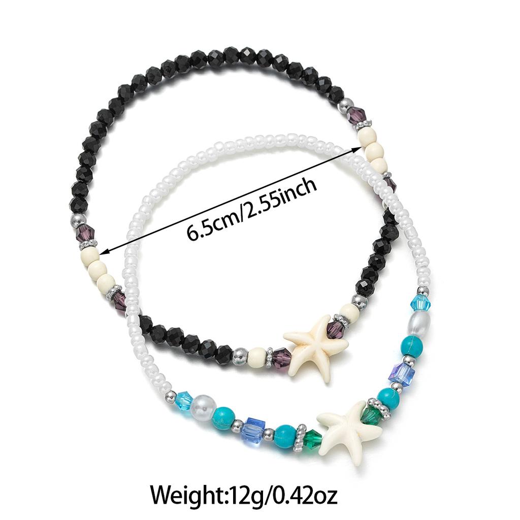 2 Pieces of Ocean Style Black and White Bead Mixed with Turquoise Starfish Double-layer Layered Women's Ankle Chains