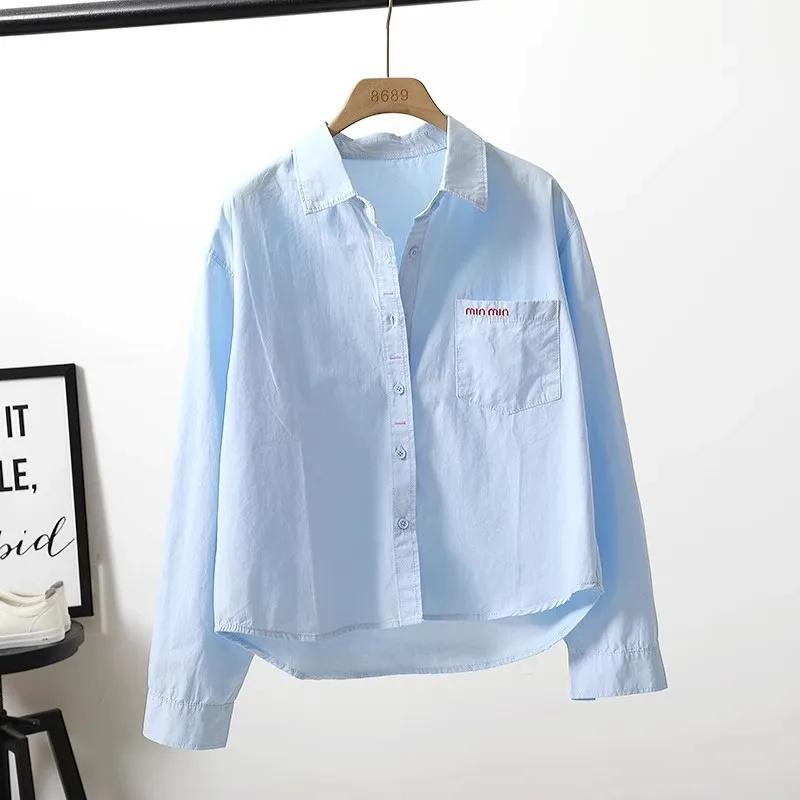 Short Cotton Shirt Women's Spring Summer Coat Fashion Letter Pocket Jacket Long Sleeve Casual Blouse Joker Ladies Tops