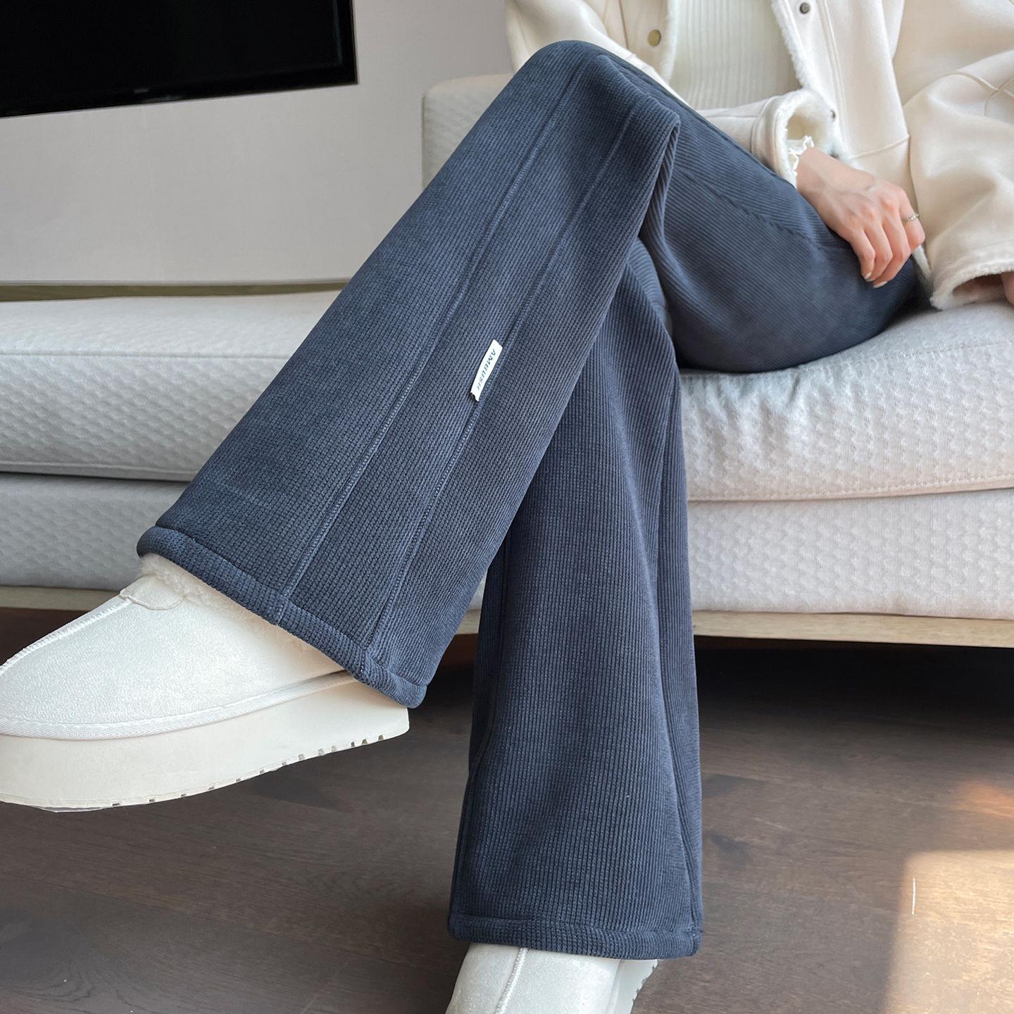 Lambswool Corduroy Micro-Flare Pants for Women - Plus Size, Fleece-Lined, Warm, Autumn/Winter S