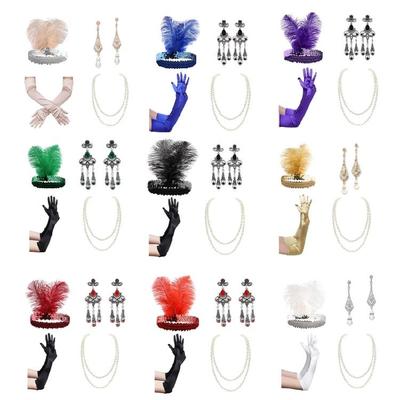 Girl Feather Headband Medieval Etiquettes Gloves with Earring&Pearl Necklace Set