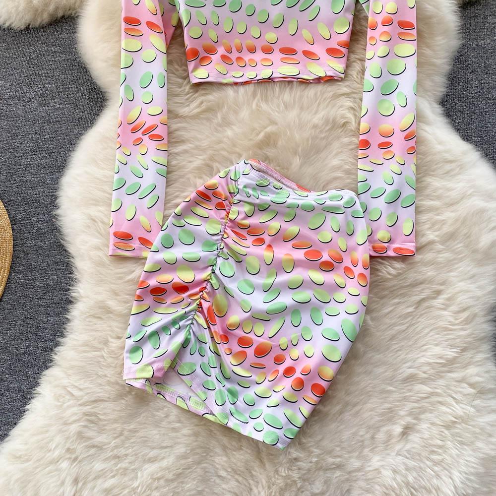 European And American Spring And Summer Sexy Print Suit Fashion Slim Shirt Wrinkled Hip Wrap Skirt Two Piece Suit Fashion