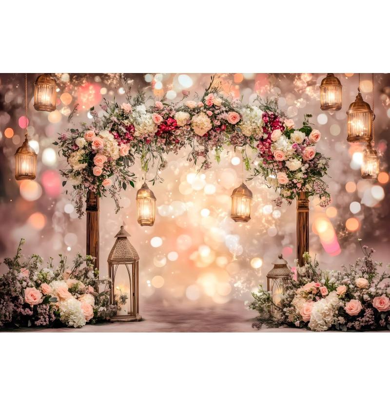 Fundo Romântico de Arco de Flores para o Dia dos Namorados, Decoração com Lanternas para Casamento, Noivado, Estúdio de Fotografia