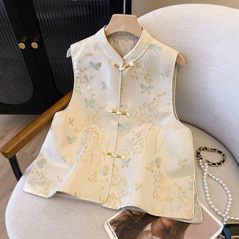 

Женский жилет новый китайский жилет топ воротник-стойка пряжка жилет тонкий женский тонкий жилет 3XL