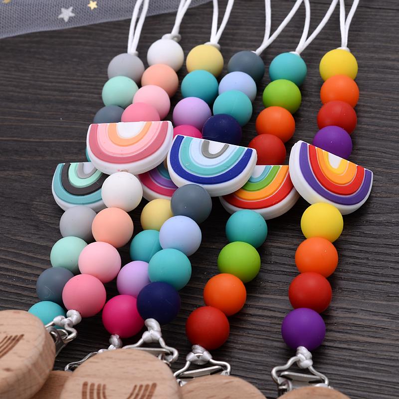 Beech Wooden Baby Pacifier Clip Handmade Cartoon Rainbow Silicone Teething Beads Infant Nipple Chain Nursing Toy Chew Gift