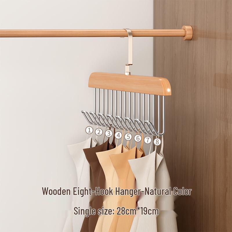 Solid Wood Eight-Hook Women's Clothing Hanger: Extra Thick, Multifunctional Storage Solution