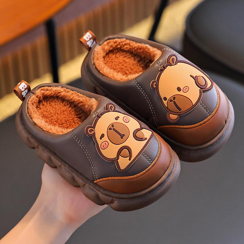 Autumn and Winter Children's Bags, Heels, Cotton Shoes, PU Leather Waterproof, Warm, and Plush Cotton Slippers for Adults and Children At Home