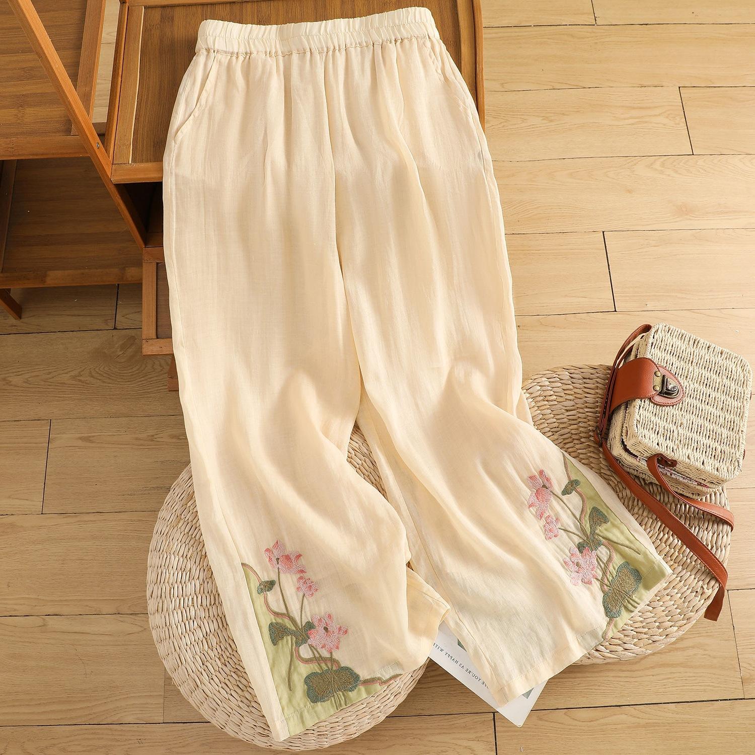 

Женские летние брюки-клеш в китайском стиле с дышащими карманами и винтажной вышивкой в стиле колор-блок, утягивающие повседневные брюки 4XL