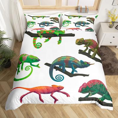Copripiumino Matrimoniale Re Lucertola Carino Set Biancheria da Letto Camaleonte Creatura Rettile Copripiumino Animale Cartone Animato Poliestere