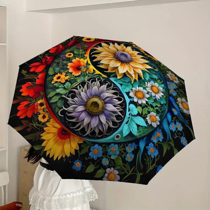 1pc Floral Yin-Yang Harmony Umbrella with Plastic Handle,Suitable for All Seasons Home Travel Outdoor UmbrellaDD1779