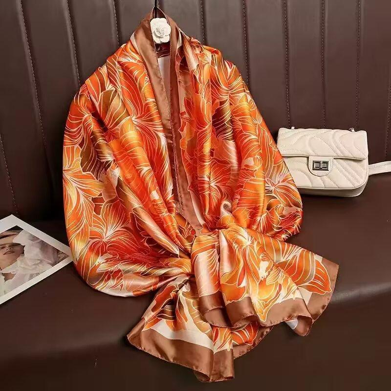 Classic versatile silk scarf women's spring and autumn summer thin mulberry silk scarf long beige plaid shawl dual-purpose