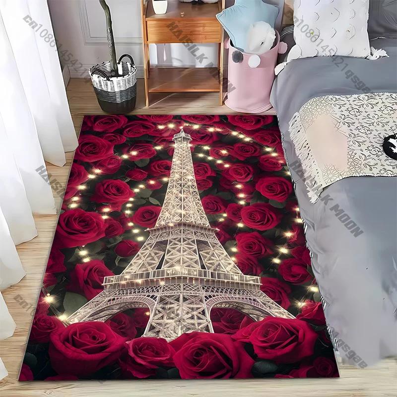Roses and Eiffel Tower Pattern Rug for Bedroom Living Room Carpets for Girls Room Floor Mat Home Decor Non-Slip Rug Large Size