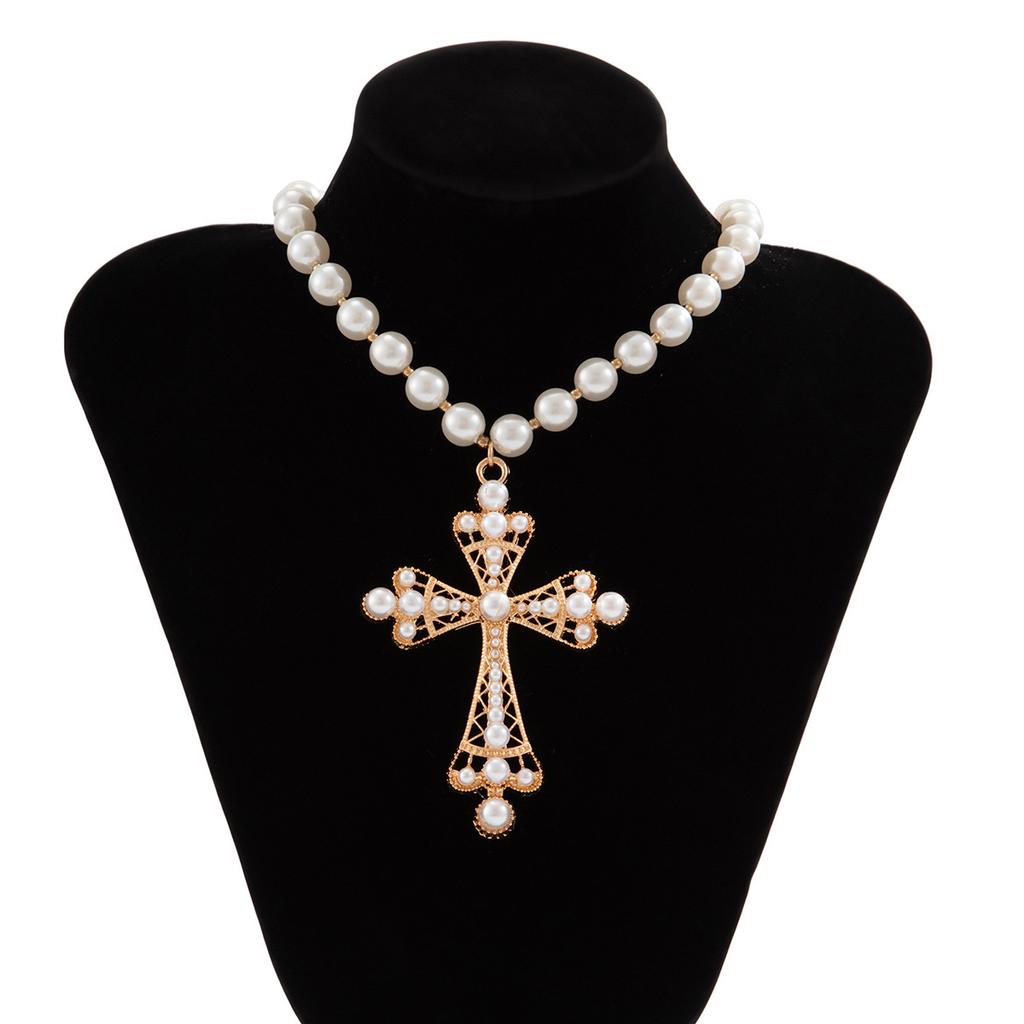 Goth Simulation Pearl Cross Pendant Necklace for Women Y2k Gothic Jewelry Chokers Cross Party Jewelry Gifts