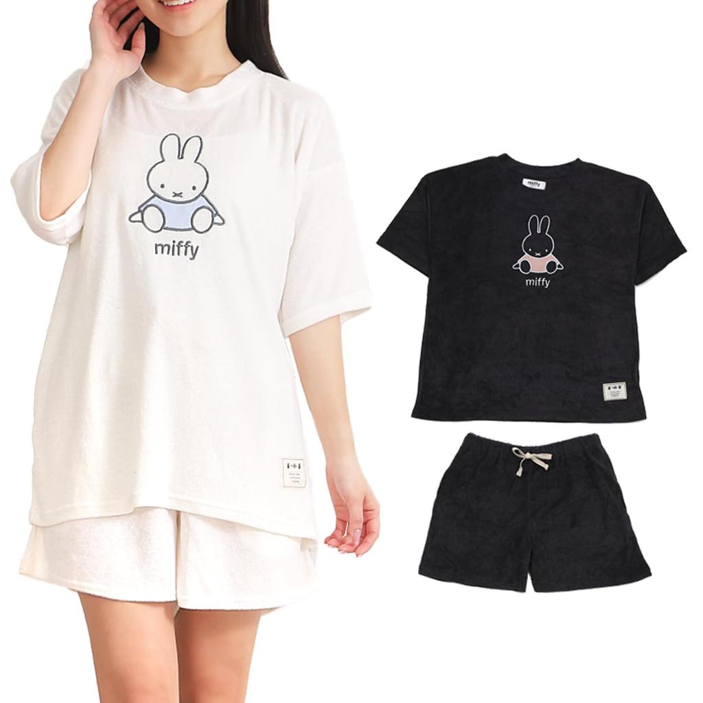 CORELAVISH Miffy Loungewear Pajamas for Pile Short Plus Size Set Women, Fabric, Summer/Spring, Sleeves, (JP, Alphabet, LL, White)