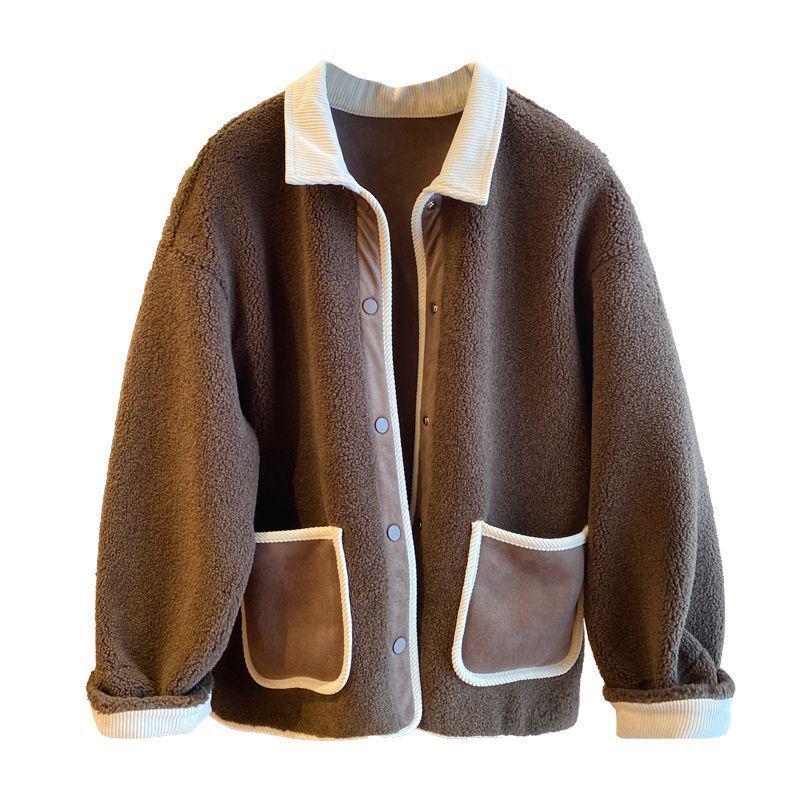 Dámský zimní kabát z jehněčí vlny v korejském stylu - Volný, zeštíhlující, silný, hřejivý, nadměrná velikost, patchworkový design